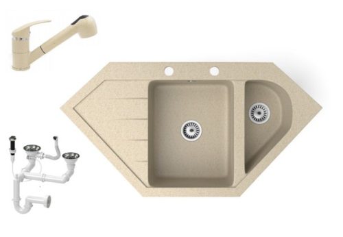 Gránit mosogató NERO Joker + kihúzható zuhanyfejes Shower csaptelep + dugókiemelő (bézs)