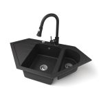   Gránit mosogató NERO Joker + kihúzható zuhanyfejes Snake csaptelep + dugókiemelő (fekete)