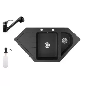   Gránit mosogató NERO Joker + kihúzható zuhanyfejes Shower csaptelep + adagoló (fekete)