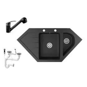   Gránit mosogató NERO Joker + kihúzható zuhanyfejes Shower csaptelep + dugókiemelő (fekete)