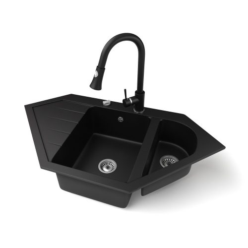 Gránit mosogató NERO Joker + kihúzható zuhanyfejes Snake csaptelep + dugókiemelő (matt fekete)