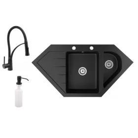   Gránit mosogató NERO Joker + Duo-Flex csaptelep + adagoló (matt fekete)