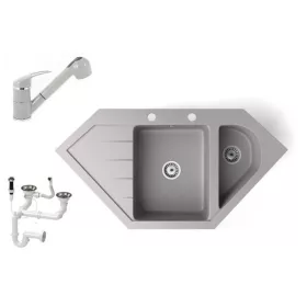   Gránit mosogató NERO Joker + kihúzható zuhanyfejes Shower csaptelep + dugókiemelő (szürke)