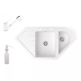   Gránit mosogató NERO Joker + kihúzható zuhanyfejes Shower csaptelep + adagoló (fehér)