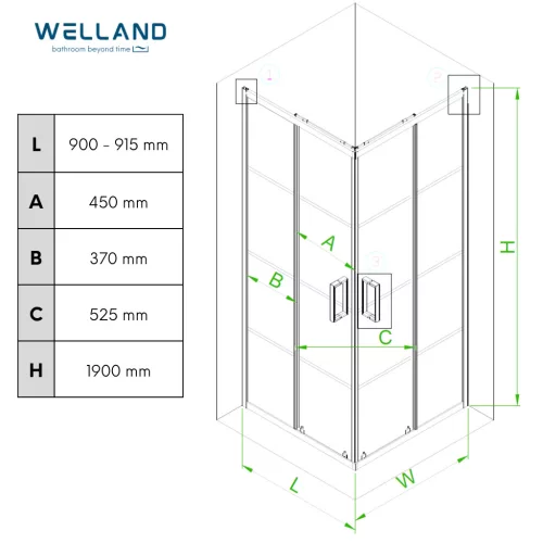 Zuhanykabin 90 x 90 cm Welland Kyoto - fekete profil