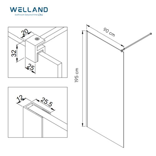 Welland Vista Walk-in zuhanyfal 90 x 195 cm  - króm profil