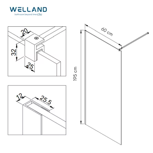 Welland Montana walk-in zuhanyfal 60 x 195 cm - fekete profil