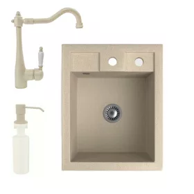   Gránit Mosogató NERO Parma + rusztikus csaptelep + adagoló + szifon (bézs)