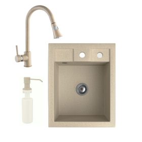   Gránit Mosogató NERO Parma + kihúzható zuhanyfejes Snake csaptelep + adagoló + szifon (bézs)