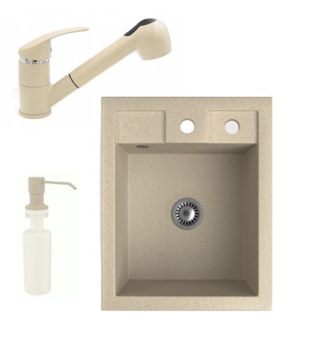 Gránit Mosogató Parma kihúzható zuhanyfejes Shower csapteleppel adagolóval bézs színű