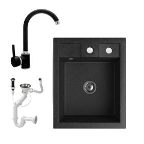   Gránit mosogató NERO Parma + magasított csaptelep + dugókiemelő + szifon (fekete)