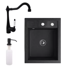   Gránit mosogató NERO Parma + rusztikus csaptelep + adagoló + szifon (fekete)