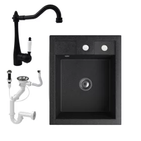   Gránit mosogató NERO Parma + rusztikus csaptelep + dugókiemelő + szifon (fekete)