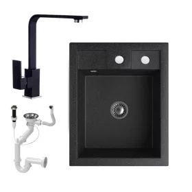   Gránit Mosogató NERO Parma + Design csaptelep + dugókiemelő + szifon (fekete)