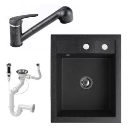   Gránit Mosogató NERO Parma + kihúzható zuhanyfejes Shower csaptelep + dugókiemelő + szifon (fekete)