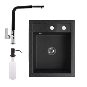   Gránit mosogató NERO Parma + kihúzható Linea csaptelep + adagoló + szifon (fekete)