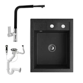   Gránit Mosogató NERO Parma + kihúzható Linea csaptelep + dugókiemelő + szifon (fekete)
