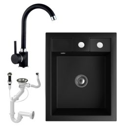   Gránit mosogató NERO Parma + magasított csaptelep + dugókiemelő + szifon (matt fekete)