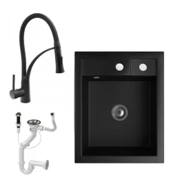   Gránit Mosogató NERO Parma + kihúzható zuhanyfejes Duo-Flex csaptelep + dugókiemelő + szifon (matt fekete)