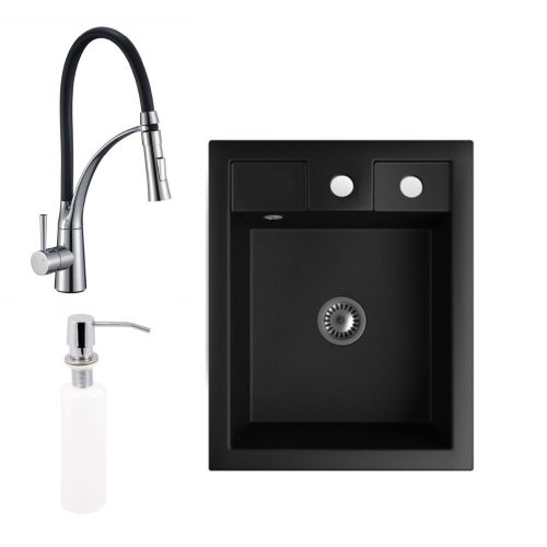 Gránit Mosogató NERO Parma + kihúzható zuhanyfejes króm Duo-Flex csaptelep + króm adagoló + szifon (matt fekete)
