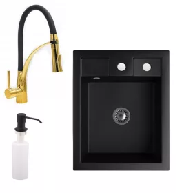 Gránit Mosogató Gránit Mosogató NERO Parma + kihúzható zuhanyfejes Duo-Flex Gold csaptelep + adagoló + szifon (matt fekete)