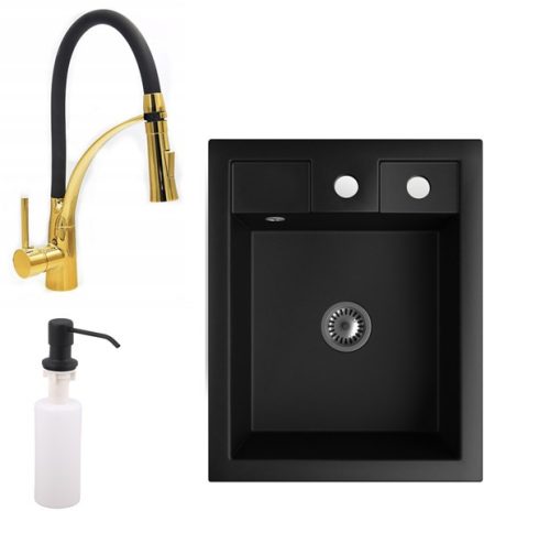 Gránit Mosogató Gránit Mosogató NERO Parma + kihúzható zuhanyfejes Duo-Flex Gold csaptelep + adagoló + szifon (matt fekete)