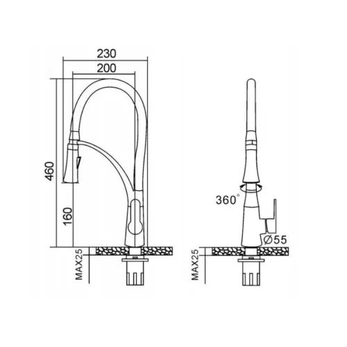 Gránit Mosogató NERO Parma + kihúzható zuhanyfejes Duo-Flex Gold csaptelep + dugókiemelő + szifon (matt fekete)