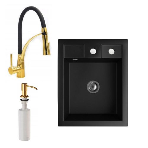 Gránit Mosogató NERO Parma + kihúzható zuhanyfejes Duo-Flex Gold csaptelep + arany adagoló + szifon (matt fekete)