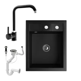   Gránit mosogató NERO Parma + Steel csaptelep + dugókiemelő + szifon (matt fekete)