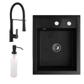   Gránit Mosogató NERO Parma + kiemelhető zuhanyfejes Vegas mosogató csaptelep + adagoló + szifon (matt fekete)