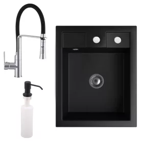   Gránit Mosogató NERO Parma + kiemelhető zuhanyfejes Vegas króm mosogató csaptelep + adagoló + szifon (matt fekete)