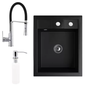  Gránit Mosogató NERO Parma + kiemelhető zuhanyfejes Vegas króm mosogató csaptelep + króm adagoló + szifon (matt fekete)