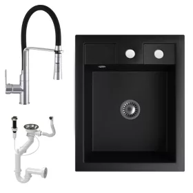   Gránit Mosogató NERO Parma + kiemelhető zuhanyfejes Vegas króm mosogató csaptelep + dugókiemelő + szifon (matt fekete)
