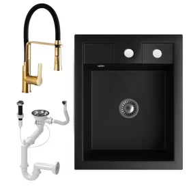   Gránit Mosogató NERO Parma + kiemelhető zuhanyfejes Vegas arany mosogató csaptelep + dugókiemelő + szifon (matt fekete)
