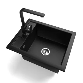   Gránit mosogató NERO Parma + Design csaptelep + dugókiemelő + szifon (matt fekete)