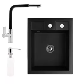   Gránit Mosogató NERO Parma + kihúzható fejes Linea csaptelep + adagoló + szifon (matt fekete)