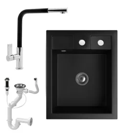   Gránit Mosogató NERO Parma + kihúzható fejes Linea csaptelep + dugókiemelő + szifon (matt fekete)