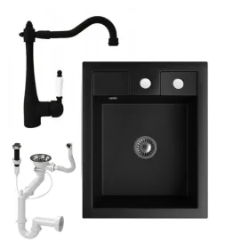   Gránit mosogató NERO Parma + Retro csaptelep + dugókiemelő + szifon (matt fekete)