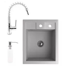   Gránit Mosogató NERO Parma + kihúzható fejes Spring-Jet csaptelep + adagoló + szifon (szürke)