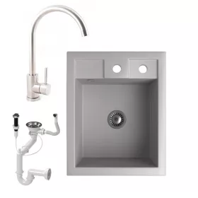   Gránit mosogató NERO Parma + magasított inox csaptelep + dugókiemelő + szifon (szürke)