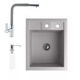   Gránit Mosogató NERO Parma + kihúzható fejes Linea csaptelep + adagoló + szifon (szürke)