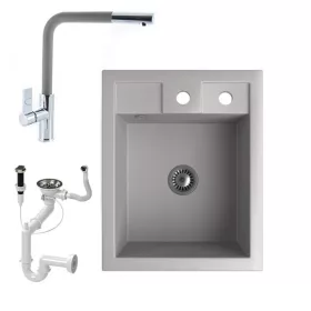   Gránit Mosogató NERO Parma + kihúzható Linea csaptelep + dugókiemelő + szifon (szürke)