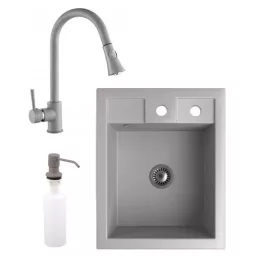   Gránit Mosogató NERO Parma + kihúzható zuhanyfejes Snake csaptelep + adagoló + szifon (szürke)