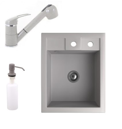 Gránit Mosogató NERO Parma + kihúzható zuhanyfejes Shower csaptelep + adagoló + szifon (szürke)