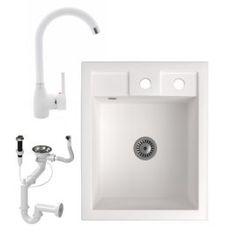 Gránit Mosogató NERO Parma + flexibilis csaptelep + dugóemelő + szifon (fehér)