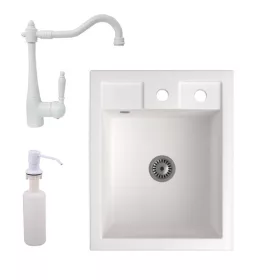   Gránit mosogató NERO Parma + rusztikus csaptelep + adagoló + szifon (fehér)