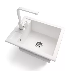   Gránit Mosogató NERO Parma + Design csaptelep + adagoló + szifon (fehér)