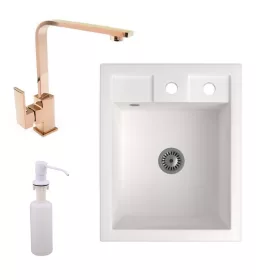   Gránit Mosogató NERO Parma + Design Rose-Gold csaptelep + adagoló + szifon (fehér)