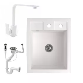 Gránit Mosogató NERO Parma + Design csaptelep + dugóemelő + szifon (fehér)