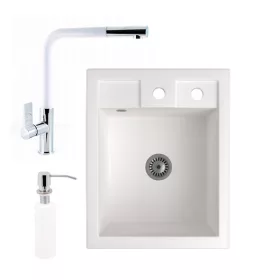   Gránit Mosogató NERO Parma + kihúzható fejes Linea csaptelep + adagoló + szifon (fehér)